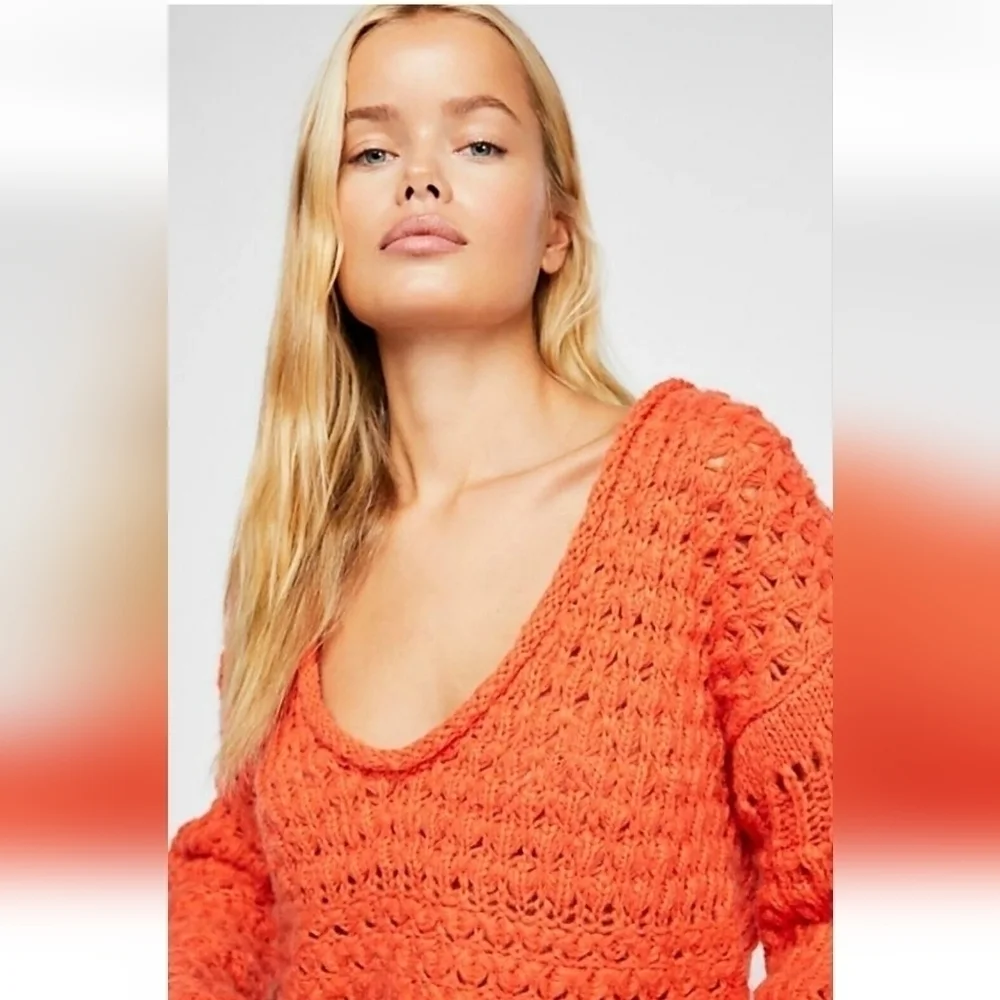 Free People Crashing Waves Pullover Sweater Womens Large Orange Knit Round Neck